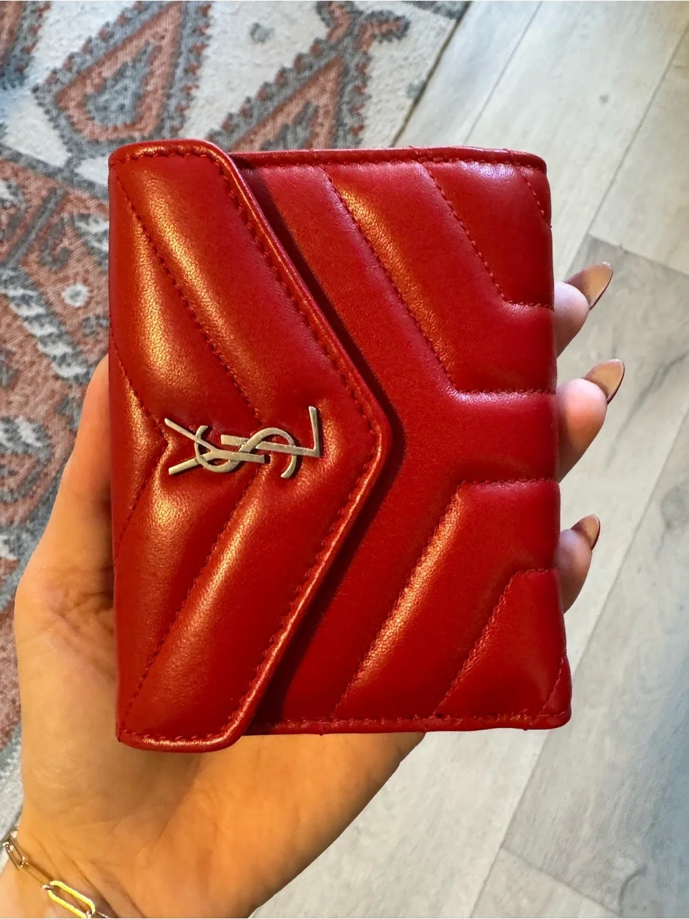 Saint Laurent Red LouLou Quilted Leather Envelope Wallet with Silver Hardware - Picture 2 of 5